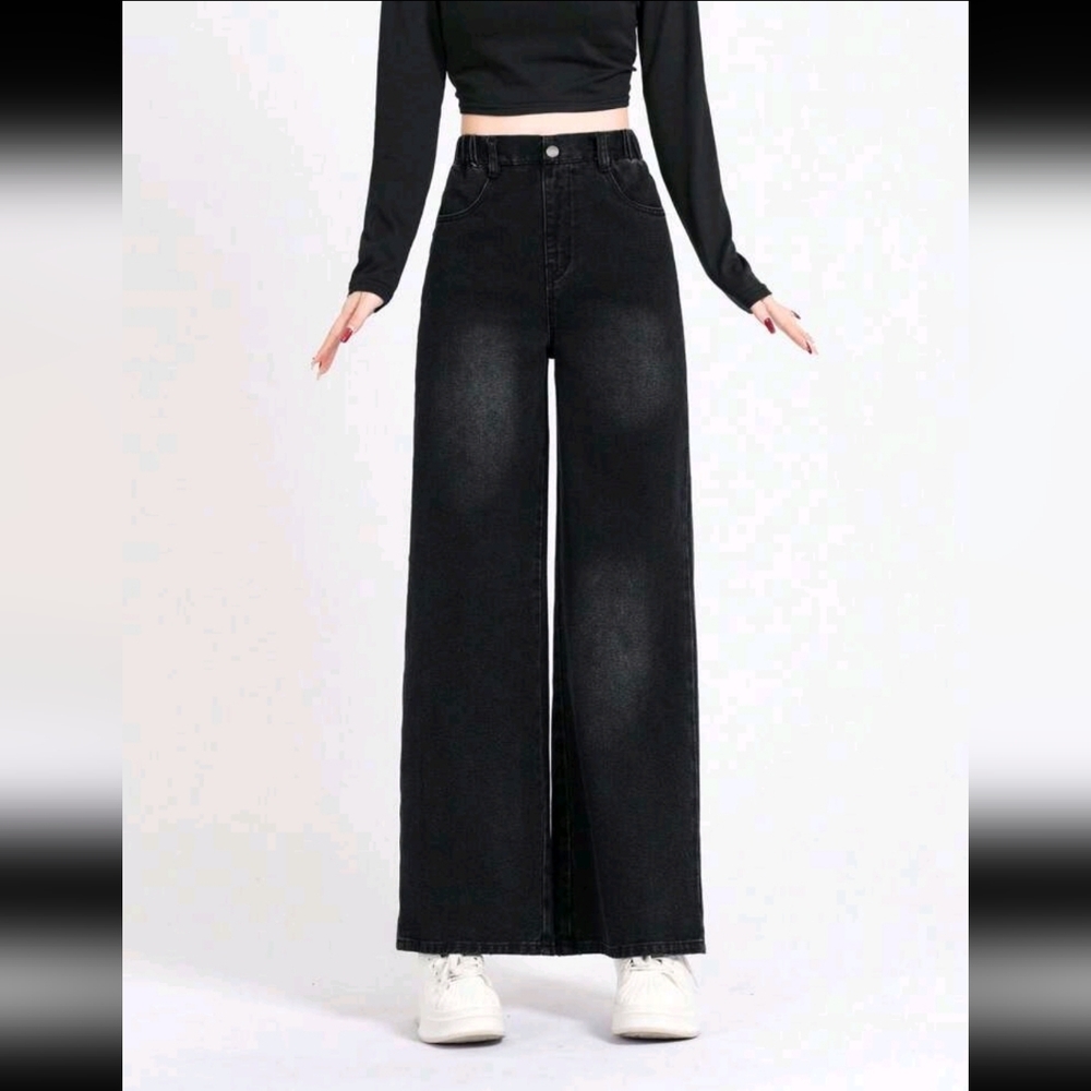 Wide Leg High-Waist Girl's Jeans - Black
